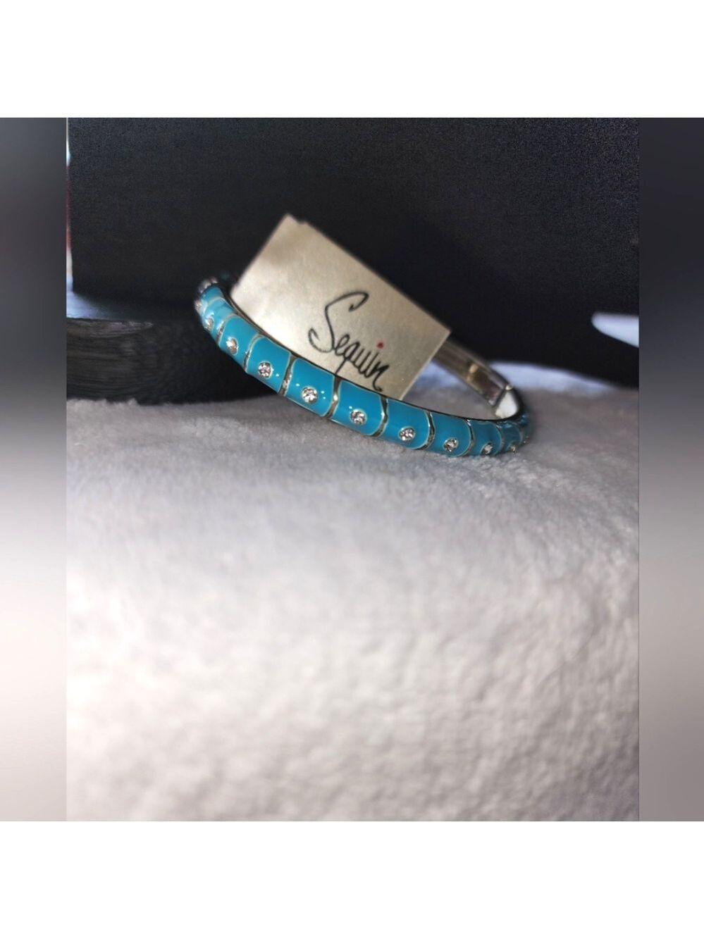 STUNNING Sequin™ Turquoise Enamel & Crystal Hinged Bangle Bracelet NWT
